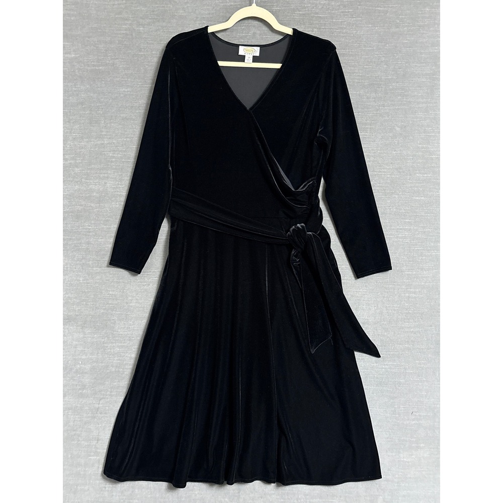 Vintage Talbots Dress 1X Black Velvet Faux Wrap Ruched Long Sleeve Midi‎ Evening